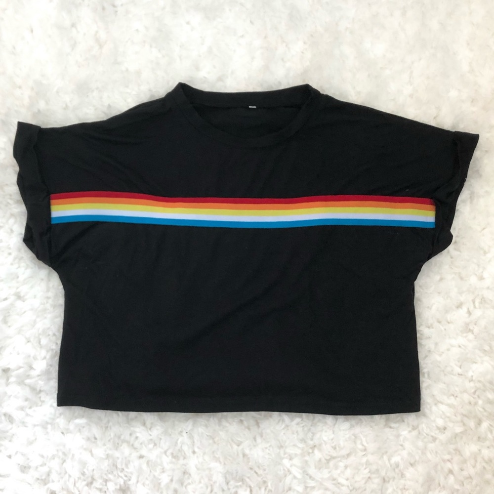 ROMWE BLACK RAINBOW STRIPE COMFY TEE